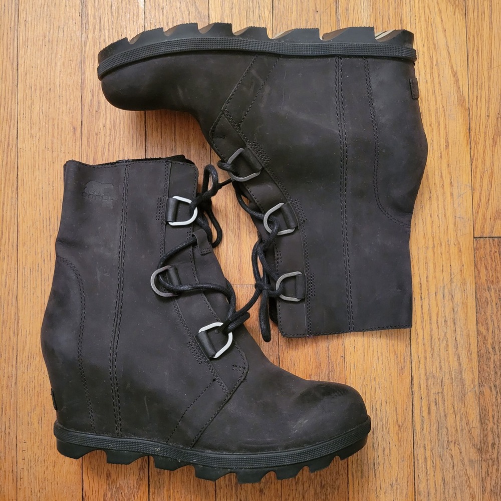 Sorel 9 Joan of‎ Arctic Wedge II Boots Black Leather Waterproof Rain Booties